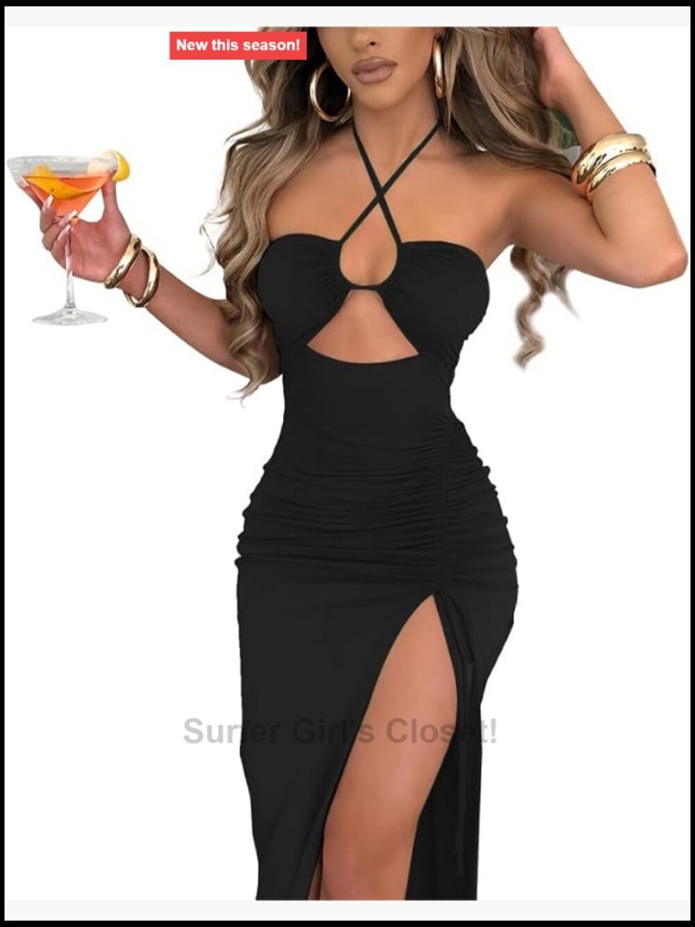 Sexy Cutout Bodycon Halter Dress High Slit Drawstring Midi Long Club Party